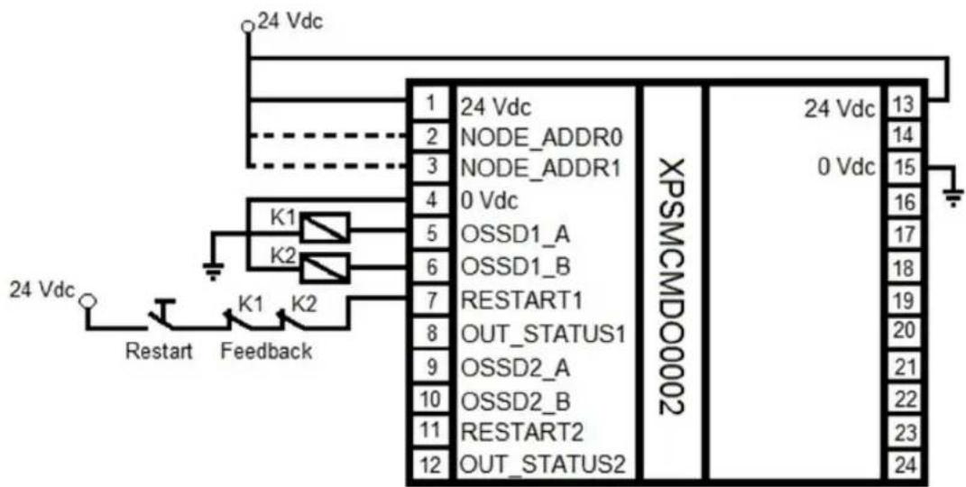 24 Vdc 1 24 Vdc 2 NODE_ADDR0 3 NODE_ADDR1 4 0 Vdc 5 OSSD1_A 6 OSSD1_B 7 RESTART1 8 OUT_STATUS1 9 OSSD2_A 10 OSSD2_B 11 RESTART2 12 OUT_STATUS2 XPSMC0002 24 Vdc 13 0 Vdc 14 15 16 17 18 19 20 21 22 23 24 K1 K2 Restart Feedback