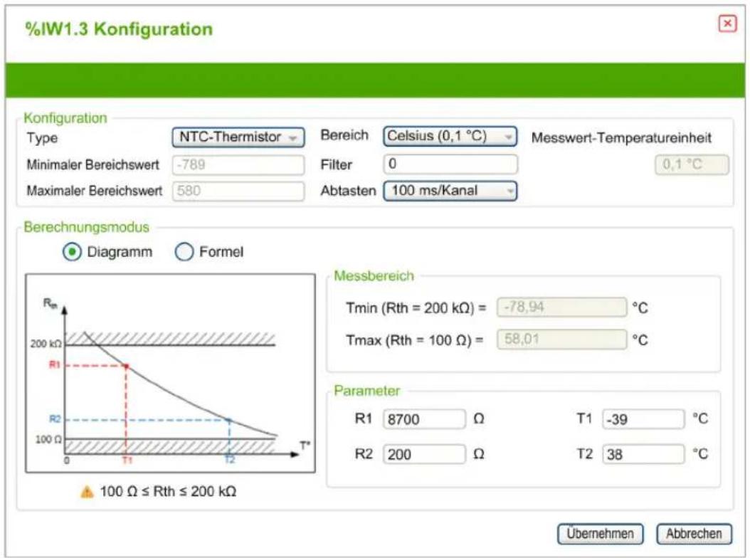%IW1.3 Konfiguration Konfiguration Type NTC-Thermistor Bereich Celsius (0,1 °C) Messwert-Temperatureinheit Minimaler Bereichswert -789 Filter 0 0,1 °C Maximaler Bereichswert 580 Abtasten 100 ms/Kanal Berechnungsmodus ● Diagramm ○ Formel Messbereich Tmin (Rth = 200 kΩ) = -78,94 °C Tmax (Rth = 100 Ω) = 58,01 °C Parameter R1 8700 Ω T1 -39 °C R2 200 Ω T2 38 °C 100 Ω ≤ Rth ≤ 200 kΩ Übernehmen Abbrechen