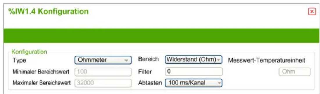 %IW1.4 Konfiguration Konfiguration Type Ohmmeter Bereich Widerstand (Ohm) Messwert-Temperatureinheit Minimaler Bereichswert 100 Filter 0 Ohm Maximaler Bereichswert 32000 Abtasten 100 ms/Kanal
