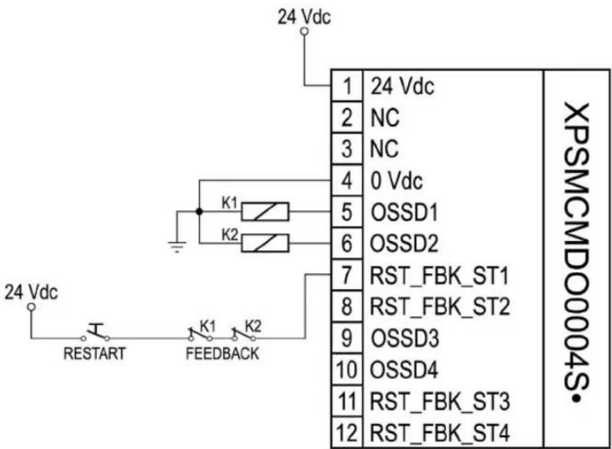 24 Vdc 1 24 Vdc 2 NC 3 NC 4 0 Vdc 5 OSSD1 6 OSSD2 7 RST_FBK_ST1 8 RST_FBK_ST2 9 OSSD3 10 OSSD4 11 RST_FBK_ST3 12 RST_FBK_ST4 XPSMCMDD0004S• 24 Vdc RESTART K1 K2 FEEDBACK