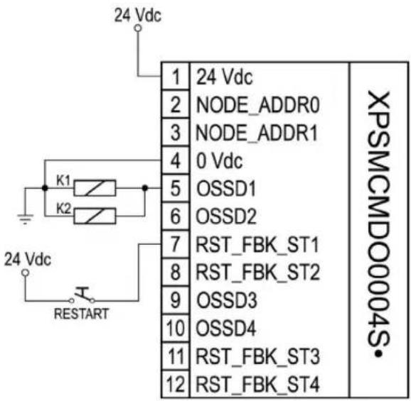 24 Vdc 1 24 Vdc 2 NODE_ADDR0 3 NODE_ADDR1 4 0 Vdc 5 OSSD1 6 OSSD2 7 RST_FBK_ST1 8 RST_FBK_ST2 9 OSSD3 10 OSSD4 11 RST_FBK_ST3 12 RST_FBK_ST4 XPSMCMDO0004S• 24 Vdc K1 K2 24 Vdc RESTART