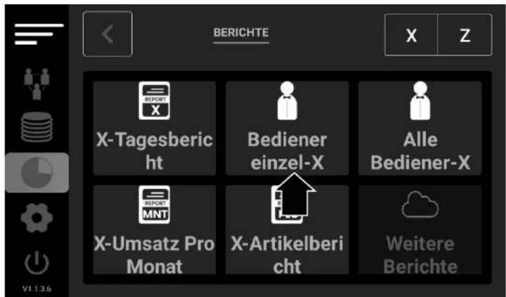BERICHTE X Z X-Tagesbericht Bediener einzel-X Alle Bediener-X X-Umsatz Pro Monat X-Artikelbericht Weitere Berichte