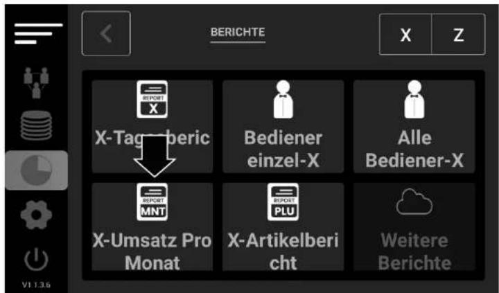 BERICHTE X Z X-Tagberic Bediener einzel-X Alle Bediener-X X-Umsatz Pro Monat X-Artikelbericht Weitere Berichte