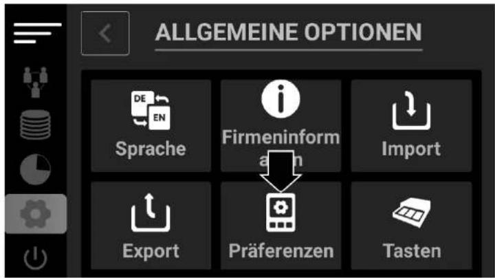 ALLGEMEINE OPTIONEN Sprache Firmeninform Import Export Präferenzen Tasten