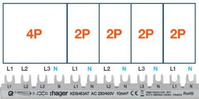 4P 2P 2P 2P 2P L1 L2 L3 N L1 N L2 N L3 N L1 N L1 L2 L3 N L1 N L2 N L3 N L1 N Q :hager KDS463AT AC 230/400V 10mm² CE Hager (Sens SA) - BPU K725 OBERN CEDO- FRANCE RoHS