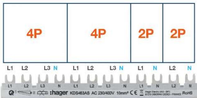 4P 4P 2P 2P L1 L2 L3 N L1 L2 L3 N L1 L2 L3 N L1 N L2 N L1 L2 L3 N hager KDS463AS AC 230/400V 10mm² CE Hager Electric SAS - BFC MITS OBORAN OCEX - FRANCE RoHS