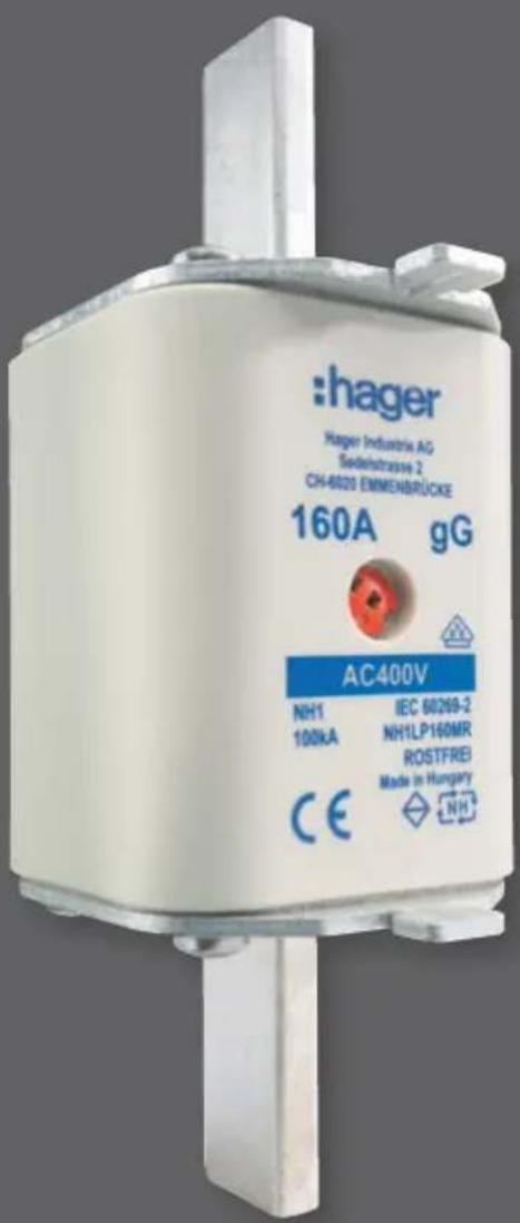 :hager Hager Industria AG Sadehstrasse 2 CH-6020 ENMENBRÜCKE 160A gG AC400V NH1 IEC 60269-2 100kA NH1LP160MR ROSTFREI Made in Hungary CE NH