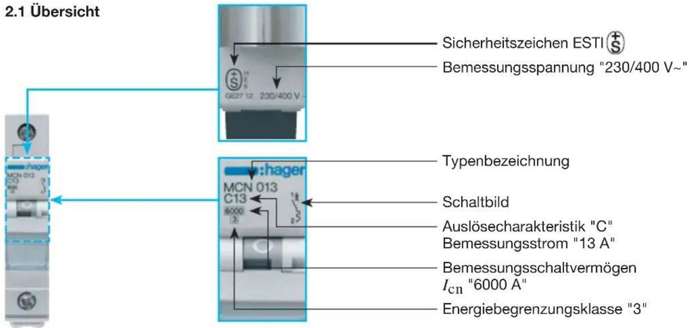 2.1 Übersicht Sicherheitszeichen ESTI Bemessungsspannung "230/400 V~" GE27 12: 230/400 V Typenbezeichnung MCN 013 C13 6000 Schaltbild Auslösecharakteristik "C" Bemessungsstrom "13 A" Bemessungsschaltvermögen Icn "6000 A" Energiebegrenzungsklasse "3"