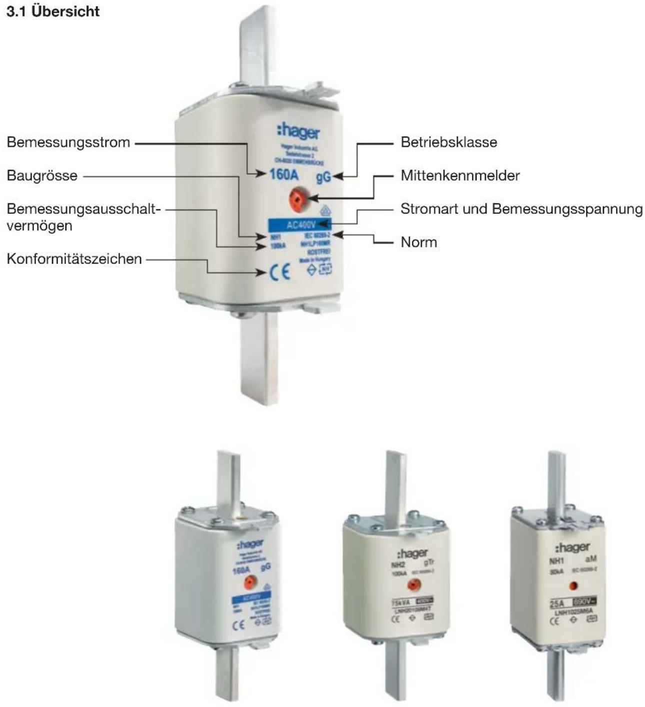 3.1 Übersicht Bemessungsstrom Baugrösse Bemessungsausschalt- vermögen Konformitätszeichen 160A gG AC 400V NH1 EC 8020-2 100A NH1LP10MR ROSTRED Norm Betriebsklasse Mittenkennmelder Stromart und Bemessungsspannung CE hager 160A gG hager NH2 gTr 100A EC 8020-2 75A VA BC 8020-2 LH80TORMAT CE hager NH1 aM 80A EC 8020-2 25A BC20V LNHT025MA CE