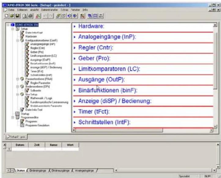 XPHO dTRX 300 kerie - Setup2 - geändert - 1 Data Editern Ansicht Datentransfer Etrabs Fenster Info LHNO dTRX 316 Setup Date Info-Kopf Hardware Korfigurationsbere (Conf) Analogeingänge (HP) Regler (Cnr) Geber (Pc) Leukonspalwaren (LC) Ausgänge (OutP) Beaufkulturen (InfD) Anzeige (BSP) / Bedienung Times (T-Ft) Schnitzsteilen (InfD) Parameterbene (PSA) Regler Parameter Bedenerbene (DP) Software Main Setup Mathematik / Logki Kundenkapitalische Linneuernung Undokumentierte Parameter Date Info-Test Startup ProgrammedBox Programm Programm Simulation Hardware: Analogeingänge (InP): Regler (Cntr): Geber (Pro): Limitkomparatoren (LC): Ausgänge (OutP): Binärfunktionen (binF): Anzeige (diSP) / Bedienung: Timer (tfct): Schnittstellen (IntF): Datum Zeit Name Wert Status: Binkengings Binkausgänge Analogingänge Specialty: NPM