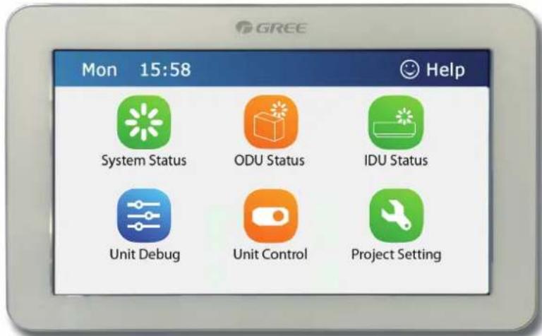 GREE Mon 15:58 Help System Status ODU Status IDU Status Unit Debug Unit Control Project Setting
