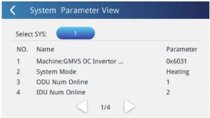 System Parameter View Select SYS: 1 NO. Name Parameter 1 Machine:GMV5 DC Invertor ... 0x6031 2 System Mode Heating 3 ODU Num Online 1 4 IDU Num Online 2 1/4