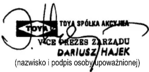 TOYA SPÓŁKA AKCYJEA VICE PREZES ZARZĄDU DARIUSZ HAJEK (nazwisko i podpis osoby upoważnionej)