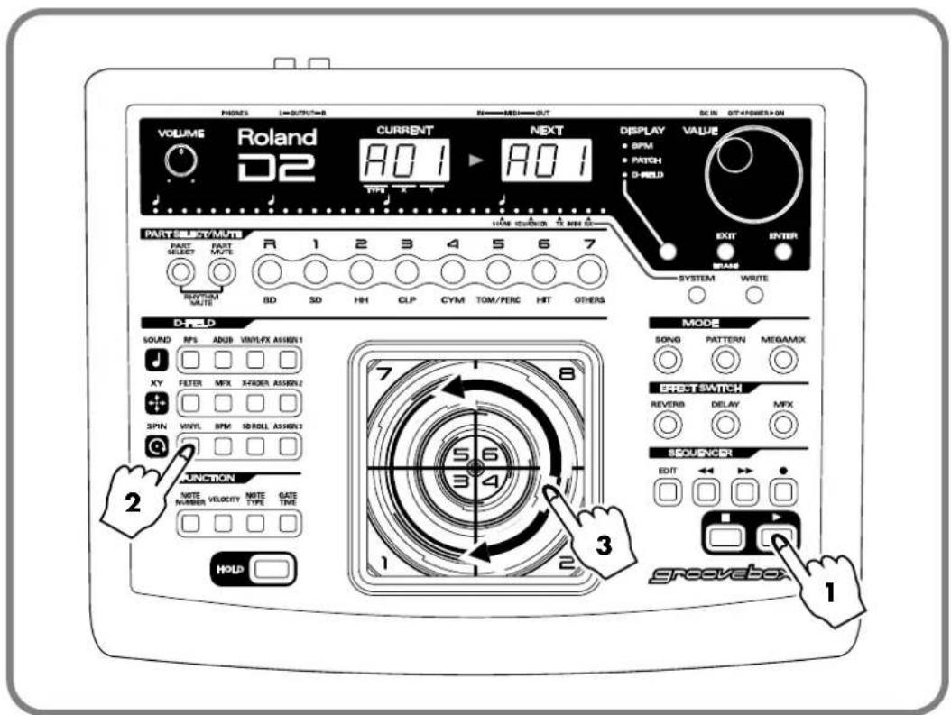 PHONES I=OUTPUT=B R=MS=OUT VOLUME Roland D2 CURRENT A0 1 NEXT A0 1 DC IN OUT+POWER+ON DISPLAY BPM PATCH D-MOLD VALUE EXIT INTER PART SELECT/MUTE PART SELECT MUTE R 1 2 3 4 5 6 7 SD SD HH CLP CYM TOM/PERC HIT OTHERS SYSTEM WRITE D-TLD SOUND RFS ADUB VINYL-FX ASSEN1 XY FETER MFX X-400A ASSEN2 SPIN VINYL RPM ID-ROLL ASSEN3 FUNCTION NOTE NUMBER VELOCITY NOTE TYPE GATE TYPE HOLD MODE SONG PATTERN MEGAMIX EAST SWITCH REVERB DELAY MFX SEQUENCER EDIT greevebox 1 2 3 2 1