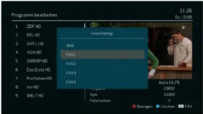 Programm bearbeiten 11:26 Do. 15/08 1 ZDF HD 2 RTL HD 3 SAT.L HD 4 VOX HD 5 SWRRP HD 6 Das Erste HD 7 ProSieben HD 8 mtv HD 9 WELT HD Favorite tentyp AUS FAV1 FAV2 FAV3 FAV4 Sym. Polarisation Astra 19.2°E 10832 22000 H Bewegen Löschen FAV