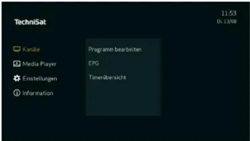 TechniSat 11:53 DI.13/08 Kanäle Programm bearbeiten Media Player EPG Einstellungen Timerübersicht Information