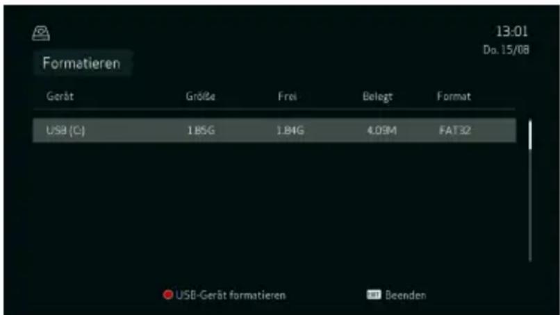 13:01 Do. 15/08 Formatieren Gerät GröBe Frei Belegt Format USB (C) 185G 1.84G 4.09M FAT32 USB-Gerät formatieren Beenden