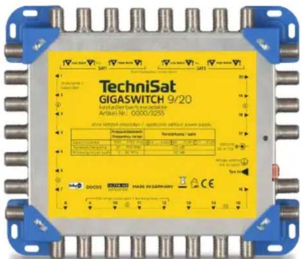 TechniSat GIGASWITCH 9/20 kaskadler bar/cascaldable Artikel-Nr: 0000/3255 Drive network emitterbar / applicable without power supply Prosservissticht Outputway range Vorstandans' circle SAMSUNGDAI 1000 - 2000 MHz 1000 - 2000 MHz 1000 - 2000 MHz Ternische/Verkaufnahme 100 - 200 MHz 100 - 200 MHz Schwaltung insgesamt range 10 - 20 MHz 10 - 20 MHz DOSIS HABOBER MADE IN GERMANY CE 6 10 11 12 13 14 15