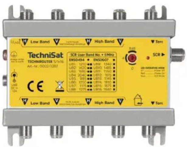 Uₗₐₙₐ Low Band V High Band V TechniSat TECHNIROUTER 5/7x16 Art.-Nr: 0002/2387 SCR User Band No. + f/MHz EN50-494 EN50607 UB1: 1210 UB2: 1340 UB2: 1420 UB3: 1485 UB3: 1680 UB4: 1550 UB4: 2040 UB5: 1615 UB5: 985 UB6: 1345 UB6: 1050 UB7: 1615 UB7: 1115 UB8: 1675 UB8: 1275 UB9: 1640 LED OPERATING MODE SP - 2000 GB Red - 2000 GB Blue - SCR MΩ CE LND DE IN 12x Low Band V High Band V Tert SCR ▶ B48 0 ▼ Tert