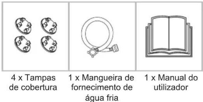 4 x Tampas de cobertura 1 x Mangueira de fornecimento de água fria 1 x Manual do utilizador