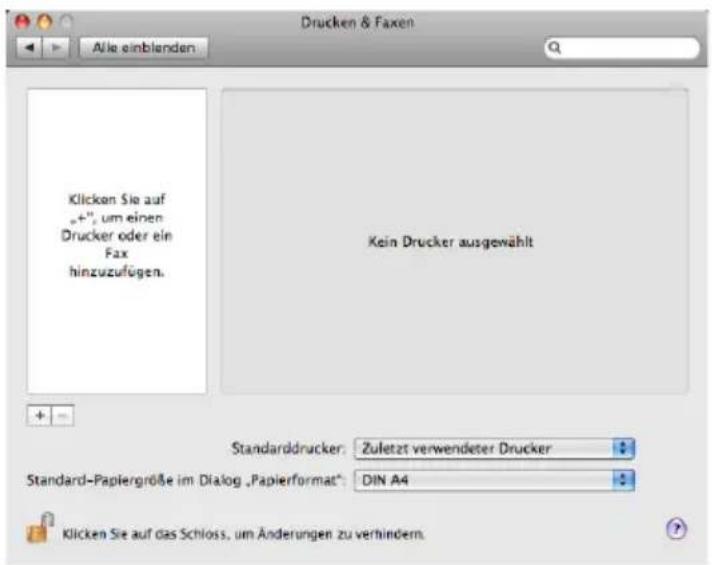 Drucken & Faxen Alle einblenden Klicken Sie auf „+“, um einen Drucker oder ein Fax hinzuzufügen. Kein Drucker ausgewählt Standarddrucker: Zuletzt verwendeter Drucker Standard-Papiergröße im Dialog „Papierformat“: DIN A4 Klicken Sie auf das Schloss, um Änderungen zu verhindern.