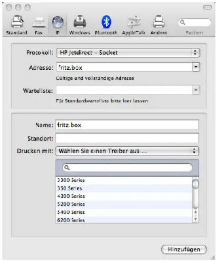 Standard Fax IP Windows Bluetooth AppleTalk Andere Suchen Protokoll: HP Jetdirect - Socket Adresse: fritz.box Gültige und vollständige Adresse Warteliste: Für Standardwarteliste bitte leer lassen Name: fritz.box Standort: Drucken mit: Wählen Sie einen Treiber aus ... 3300 Series 350 Series 4300 Series 5200 Series 5400 Series 6200 Series Hinzufügen