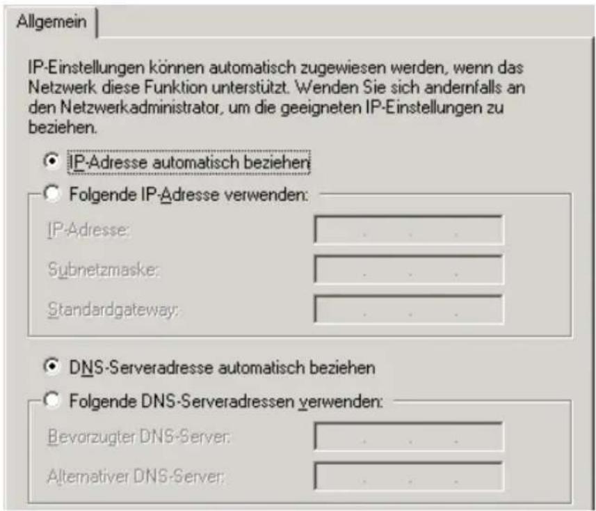 Allgemein IP-Einstellungen können automatisch zugewiesen werden, wenn das Netzwerk diese Funktion unterstützt. Wenden Sie sich andernfalls an den Netzwerkadministrator, um die geeigneten IP-Einstellungen zu beziehen. IP-Adresse automatisch beziehen Folgende IP-Adresse verwenden: IP-Adresse: Subnetzmaske: Standardgateway: DNS-Serveradresse automatisch beziehen Folgende DNS-Serveradressen verwenden: Bevorzugter DNS-Server: Alternativer DNS-Server: