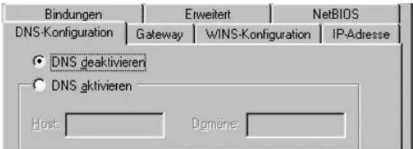 Bindungen Erweitert NetBIOS DNS-Konfiguration Gateway WINS-Konfiguration IP-Adresse ● DNS deaktivieren ○ DNS aktivieren Host: Domène: