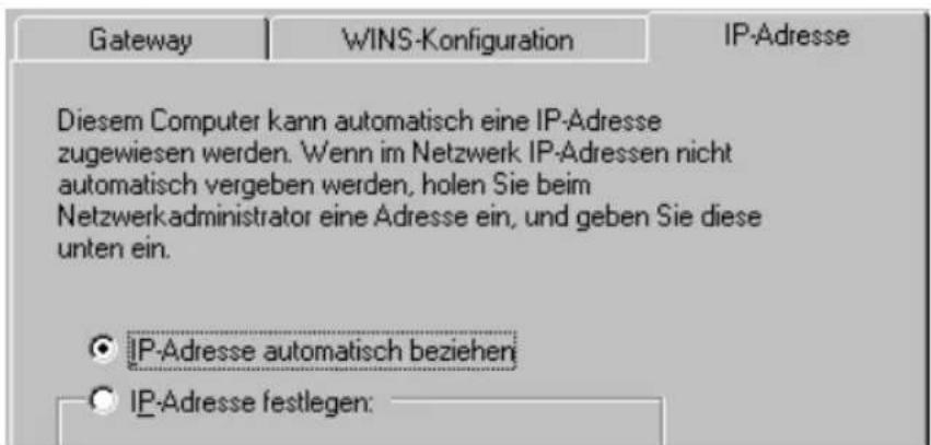 Gateway WINS-Konfiguration IP-Adresse Diesem Computer kann automatisch eine IP-Adresse zugewiesen werden. Wenn im Netzwerk IP-Adressen nicht automatisch vergeben werden, holen Sie beim Netzwerk-administrator eine Adresse ein, und geben Sie diese unten ein. IP-Adresse automatisch beziehen IP-Adresse festlegen: