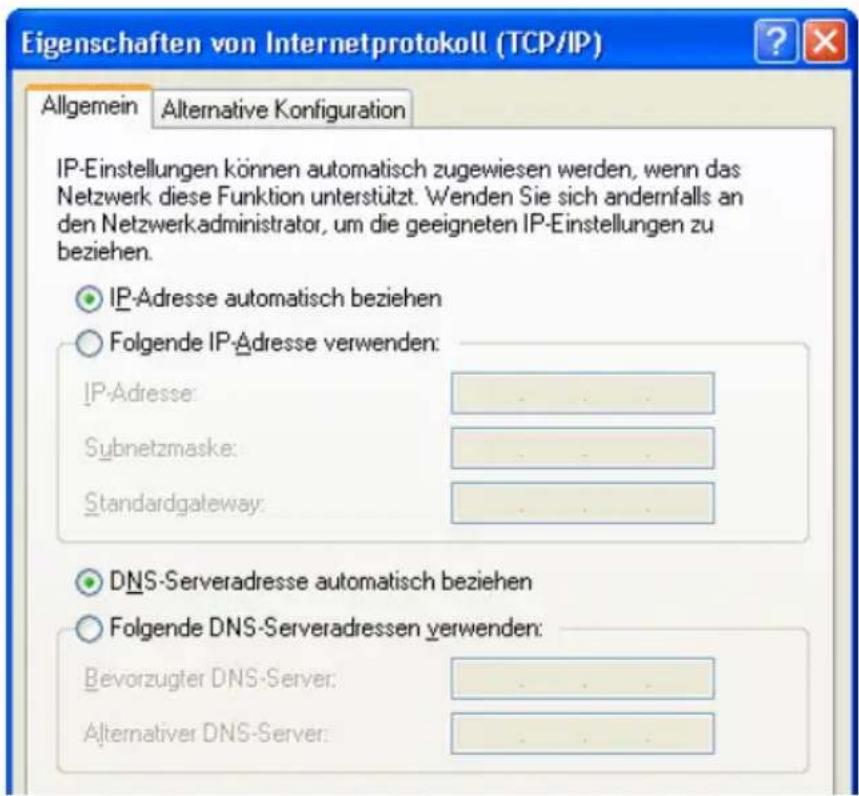 Eigenschaften von Internetprotokoll (TCP/IP) Allgemein Alternative Konfiguration IP-Einstellungen können automatisch zugewiesen werden, wenn das Netzwerk diese Funktion unterstützt. Wenden Sie sich andernfalls an den Netzwerkadministrator, um die geeigneten IP-Einstellungen zu beziehen. IP-Adresse automatisch beziehen Folgende IP-Adresse verwenden: IP-Adresse: Subnetzmaske: Standardgateway: DNS-Serveradresse automatisch beziehen Folgende DNS-Serveradressen verwenden: Bevorzugter DNS-Server: Alternativer DNS-Server: