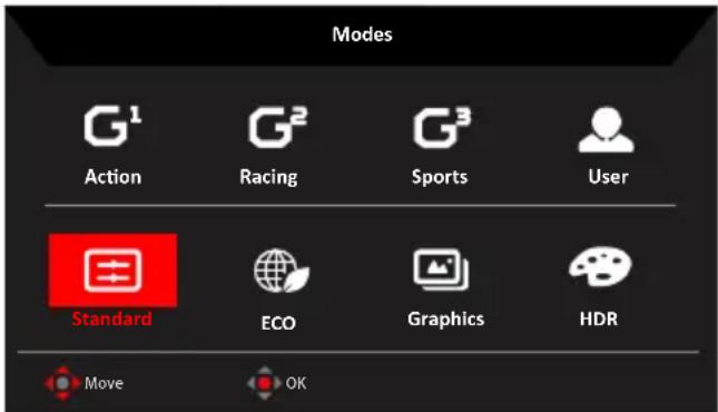 Modes G¹ Action G² Racing G³ Sports User Standard ECO Graphics HDR Move OK