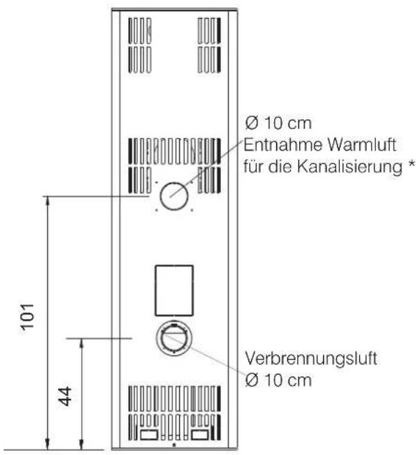 Ø 10 cm Entnahme Warmluft für die Kanalisierung * Verbrennungsluft Ø 10 cm