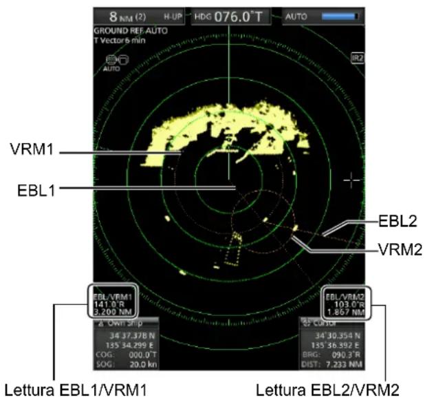 8 NM (2) H-UP HDG 076.0 T AUTO GROUND REF AUTO T Vectors 6 min E6 AUTO VRM1 EBL1 EBL2 VRM2 EBL/VRM1 141.0 R 3.200 NM EBL/VRM2 103.0 R 1.867 NM 34' 37.378 N 135' 34.299 E COG: 000.0 T SOG: 20.0 km 34' 30.354 N 135' 36.392 E BRG: 090.3 R DIST: 7.233 NM Lettura EBL1/VRM1 Lettura EBL2/VRM2