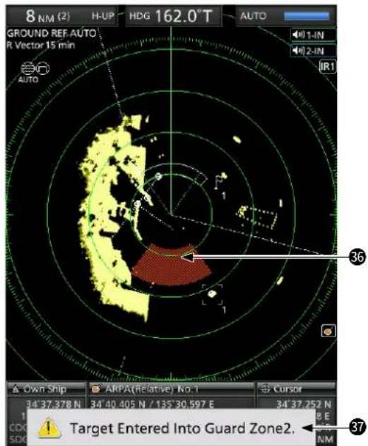 8 NM (2) H-UP HDG 162.0° T AUTO GROUND REF AUTO R Vector 15 min AIR1 36 Own Ship ARPA(Relative) No. 1 Cursor 34°37.378 N 34°40.405 N / 135°30.597 E 34°37.252 N 1 CO SDG Target Entered Into Guard Zone2. 37 NM