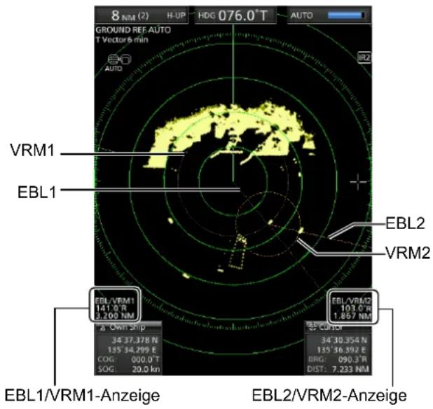 8 NM (2) H-UP HDG 076.0° T AUTO GROUND REF AUTO T Vector 6 min ELO AUTO IR2 VRM1 EBL1 EBL2 VRM2 EBL1/VRM1-Anzeige EBL2/VRM2-Anzeige 34 37.378 N 135 34.299 E COG: 000.0° T SOG: 20.0 km 34'30.354 N 135'36.892 E BRG: 090.3" R DIST: 7.233 NM 34'30.354 N 135'36.892 E EBL1/VRM1-Anzeige EBL2/VRM2-Anzeige