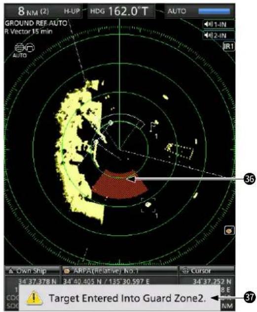 8 NM (2) H-UP HDG 162.0° T AUTO GROUND REF AUTO R Vector 15 min AUTO IR1 36 Own Ship ARPA(Relative) No.1 Cursor 34°37.378 N 34°40.405 N / 135°30.597 E 34°37.752 N 1 CDG SDG Target Entered Into Guard Zone2. 37 NM