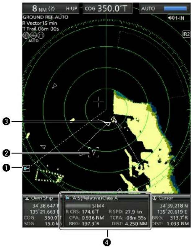 8 NM (2) H-UP COG 350.0°T AUTO GROUND REF AUTO R Vector 15 min T Trail 06m 00s AUTO IR2 ③ ② ① Own Ship AIS(Relative) Class A Cursor 34°38.647 N SIM4 135°21.663 E R CRS: 174.6°T R SPD: 27.9 kn COG: 350.0° T CPA: 0.936 NM TCPA: -08m 55s BRG: 313.7°R SOG: 15.0 k BRG: 197.3°R DIST: 4.250 NM DIST: 1.033 NM ④