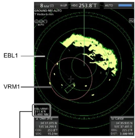 8 NM (2) H-UP HDG 253.8° T AUTO GROUND REF AUTO T Vector 6 min AUTO EBL1 VRM1 EBL/VRM1 311.4° R 3.400 NM Δ Own Ship 34° 37.375 N 135° 34.299 E COG: 253.8° T SOG: 15.0 km SP CURSOR 34° 35.935 N 135° 37.495 E ORG: 225.0° R DIST: 3.000 NM