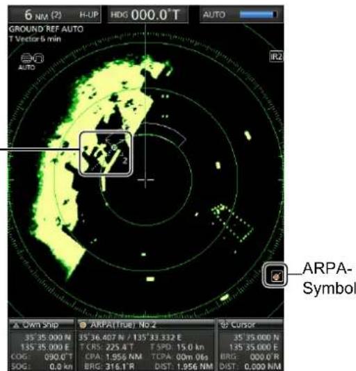6 NM (2) H-UP HDG 000.0°T AUTO GROUND REF AUTO T Vector 6 min AUTO IR2 ARPA- Symbol ▲ Own Ship ▲ ARPA(TRUE) No.2 ▲ Cursor 35° 35.000 N 35° 36.407 N / 135° 33.332 E 35° 35.000 N 135° 35.000 E T CRS: 225.4° T T SPD: 15.0 km 135° 35.000 E COG: 090.0° T CPA: 1.956 NM TCPA: 00m 06s BRG: 000.0° R SOG: 0.0 km BRG: 316.1° R DIST: 1.956 NM DIST: 0.000 NM
