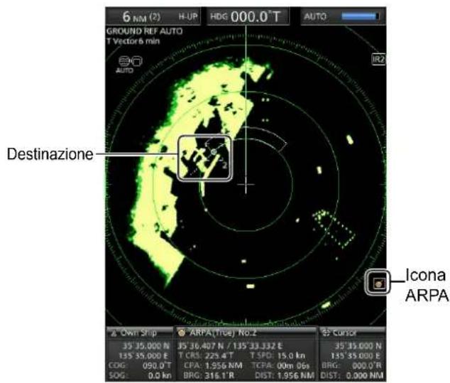 6 NM (2) H-UP HDG 000.0°T AUTO GROUND REF AUTO T Vector 6 min Destinazione Icona ARPA Own Ship ARPA(true) No.2 35° 35.000 N 35° 36.407 N / 135° 33.332 E 135° 35.000 E T CRL: 225.4 T T SPD: 15.0 km CDG: 090.0 T CPA: 1.956 NM TCPA: 00m 00s BRG: 316.1 R DIST: 1.956 NM DIST: 0.000 NM SOG: 0.0 km