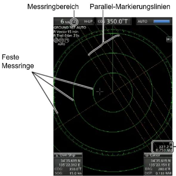 Messringbereich Parallel-Markierungslinien 6 N H-UP CO: 350.0°T AUTO GROUND REF AUTO R Vector 15 min R Trail 04m 23s AUTO Feste Messringe 327.2 R 0.750 N Own Ship 34°35.619 N 135°22.312 E COG: 350.0 T SOG: 15.0 km P 34°35.619 N 135°22.151 E BRG: 280.0 R DIST: 0.133 N