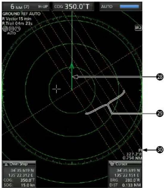 6 NM (2) H-UP COG 350.0°T AUTO GROUND REF AUTO R Vector 15 min R Trail 04m 23s AUTO IR2 28 29 PI 327.2" R 0.750 NM 30 Own Ship 34' 35.619 N 135' 22.312 E COG: 350.0°T SOG: 15.0 kn Censor 34' 35.619 N 135' 22.151 E BRG: 280.0" R DIST: 0.133 NM