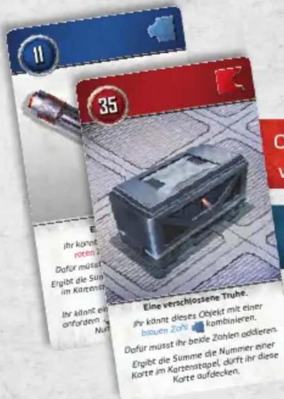 11 35 Ehr könnt roten 2 Dafür müsst Ergibt die Summe im Kartenstapel, Ihr könnt ein onfördem Nurte Eine verschlossene Truhe. Ihr könnt dieses Objekt mit einer blauen Zohl kombinieren. Dafür müsst ihr beide Zahlen addieren- Ergibt die Summe die Nummer einer Korte im Kartenstapel, dürft ihr diese Korte aufdecken.