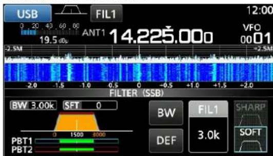USB FIL1 12:00 0 20 40 60 80 ANT1 19.5 dBu VFO 0001 -2.5M -2.5M FILTER (SSB) BW 3.00k SFT 0 PBT1 1500 8000 PBT2 BW FIL1 SHARP DEF 3.0k SOFT