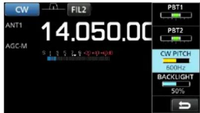 CW FIL2 ANT1 14.050.00 AGC-M S 1 3 5 7 9 *0 *1 *0 PBT1 PBT2 CW PITCH 600Hz BACKLIGHT 50%