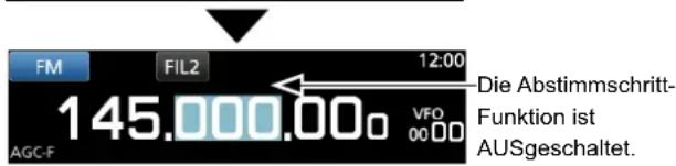 FM FIL2 12:00 145.000.00 VFO AGC-F 00 DD Die Abstimmschritt- Funktion ist AUSgeschaltet.