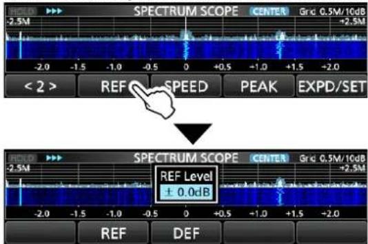 SPECTRUM SCOPE CENTER Grd 0.5M/10dB -2.5M +2.5M < 2 > REF SPEED PEAK EXPD/SET REF Level ± 0.0dB -2.5M SPECTRUM SCOPE CENTER Grd 0.5M/10dB -2.0 -1.5 -1.0 -0.5 0 +0.5 -1.0 +1.5 -2.0 REF DEF
