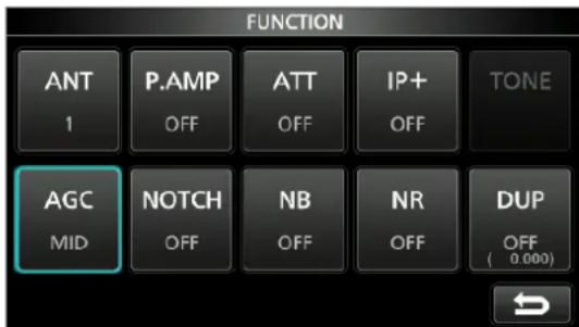 FUNCTION ANT 1 P.AMP OFF ATT OFF IP+ OFF TONE AGC MID NOTCH OFF NB OFF NR OFF DUP OFF ( 0.000)