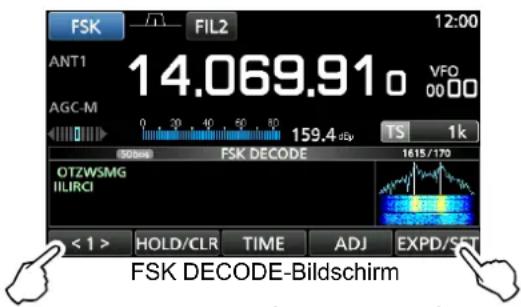 FSK FIL2 12:00 ANT1 14.069.91 o VFO 00 00 AGC-M 0 30 40 50 60 70 80 159.4 dBp TS 1k SOSME FSK DECODE 1615/170 OTZWSMG IILIRCI < 1 > HOLD/CLR TIME ADJ EXPD/SFT FSK DECODE-Bildschirm