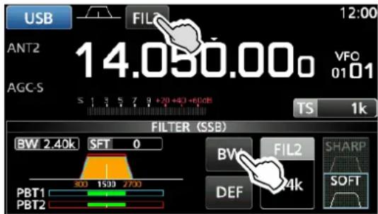 USB FIL 12:00 ANT2 14.050.00 VFC 0101 AGC-S S 1 3 5 7 9 +20 +40 +60dB TS 1k FILTER (SSB) BW 2.40k SFT 0 PBT1 500 1500 2700 PBT2 BW FIL2 SHARP DEF 24k SOFT